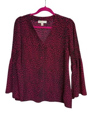 MICHAEL Michael Kors Pink Leopard V-Neck Bell Sleeve Top Size S